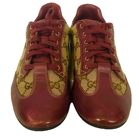 GUCCI Maroon Leather Tan Monogram Lace Up Sneakers 270105 - Picture 10 of 16